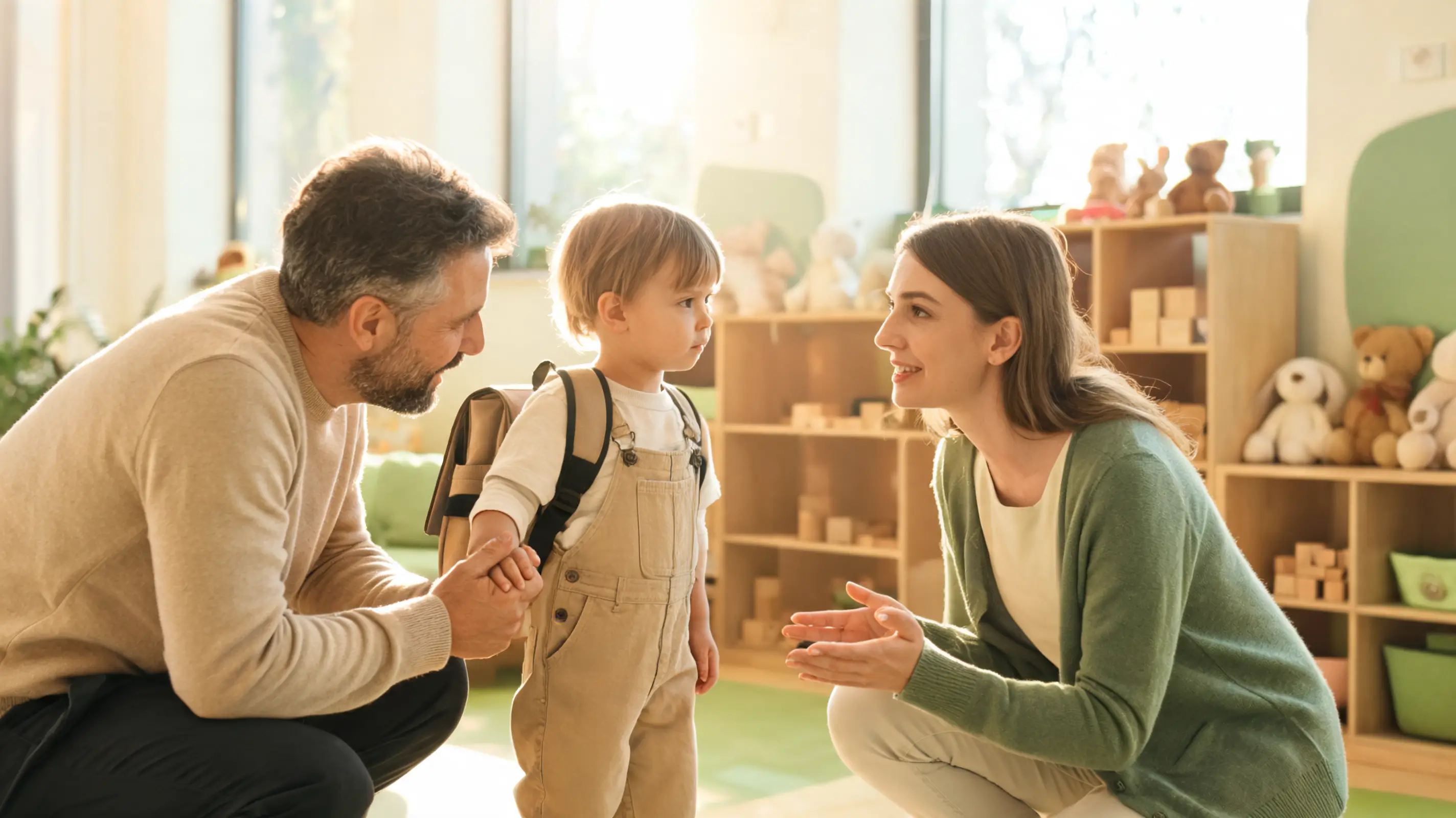 Genitore che accompagna il bambino all'asilo nido, accolto da un'educatrice