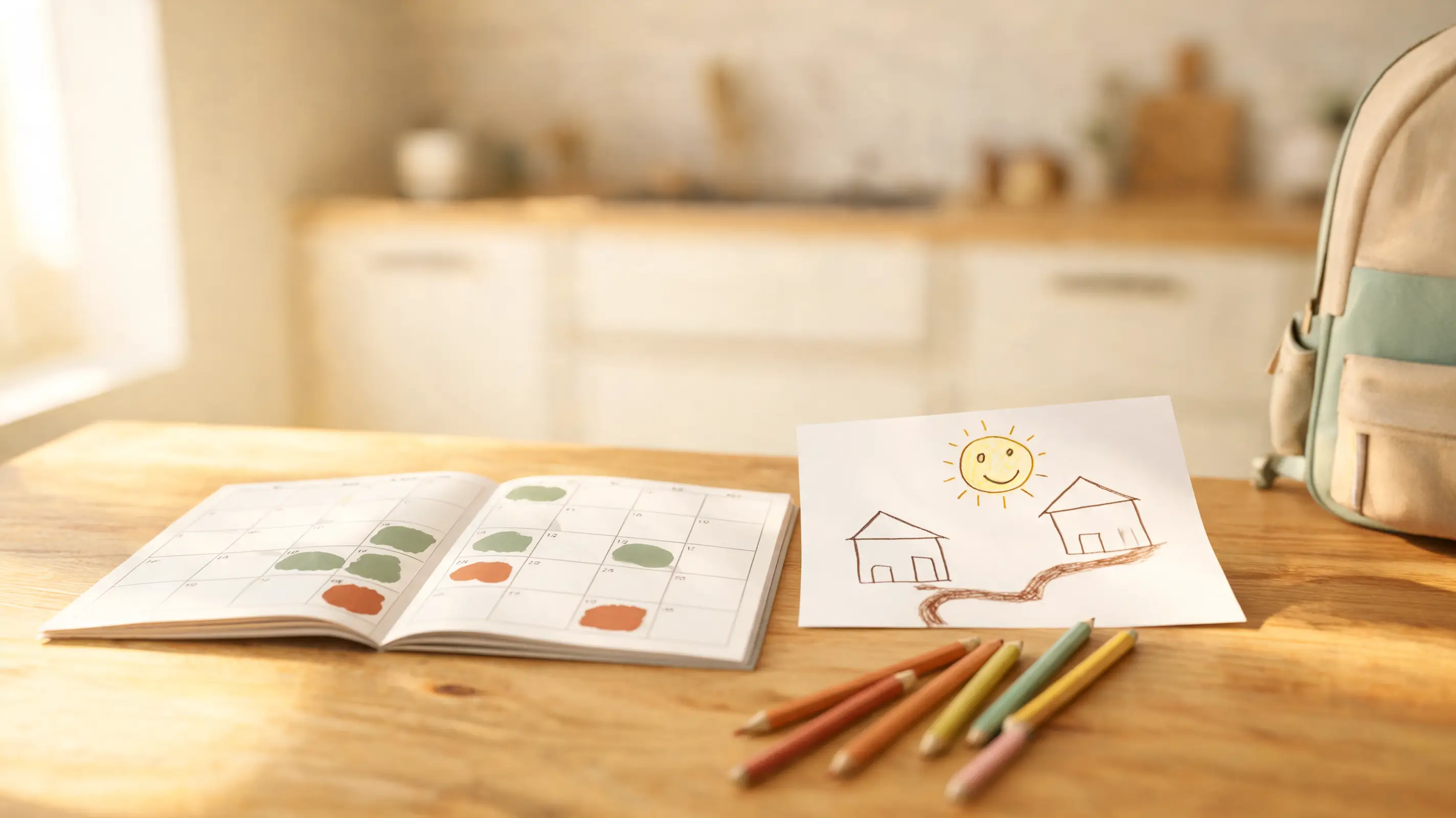 Calendario familiare condiviso su un tavolo accanto al disegno di un bambino con due case