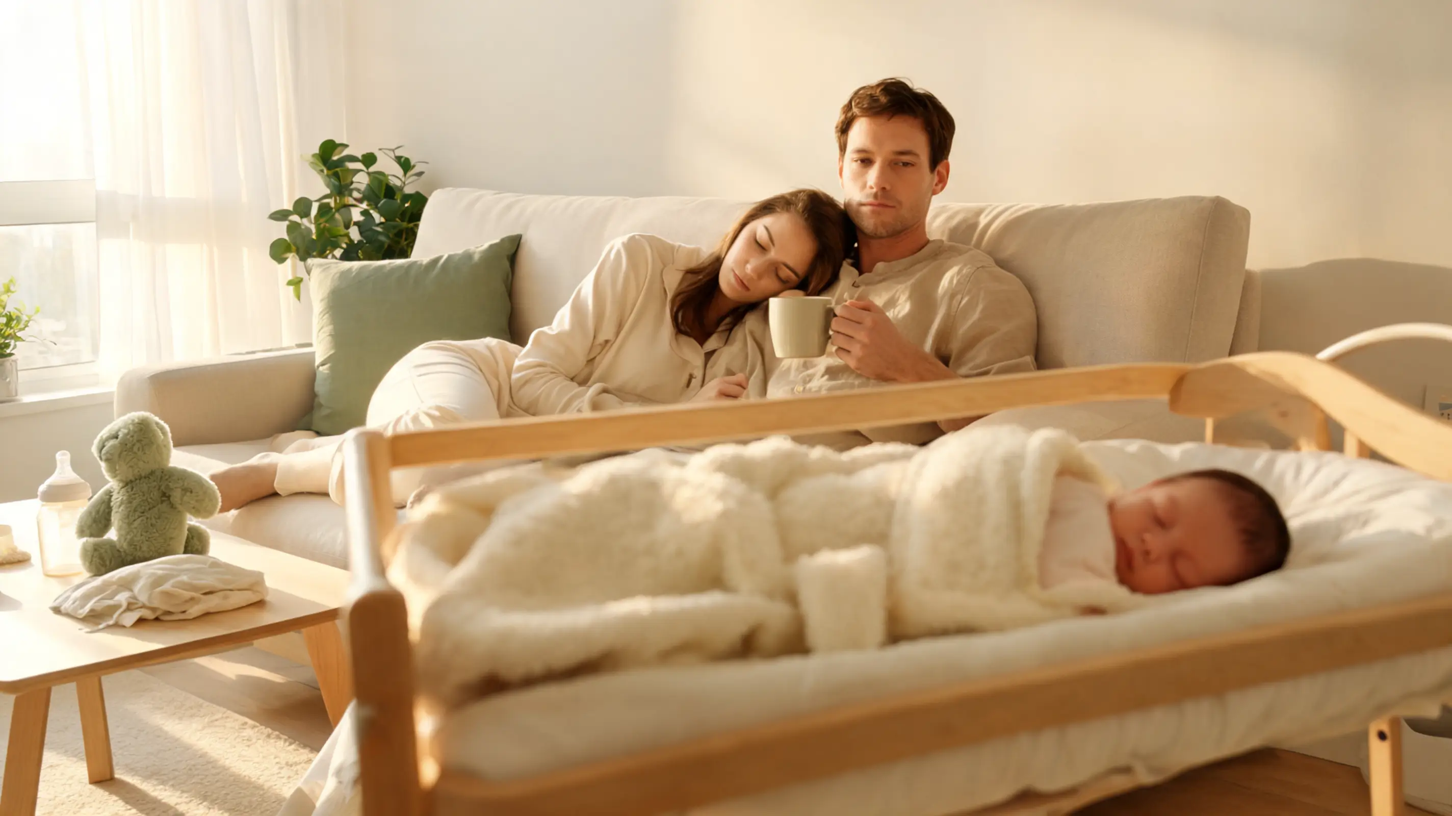 Neogenitori seduti sul divano stanchi mentre il bambino dorme nella culla