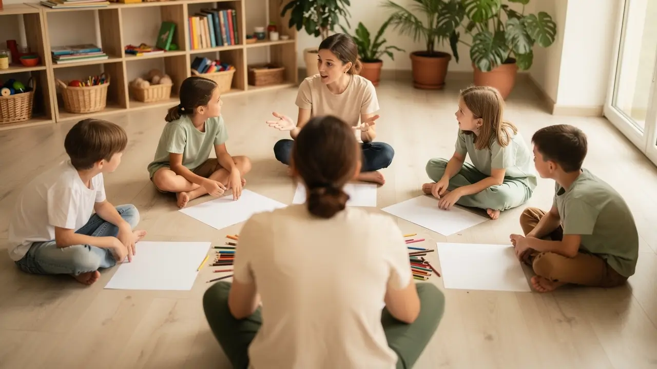 Bambini seduti in cerchio che disegnano e parlano insieme
