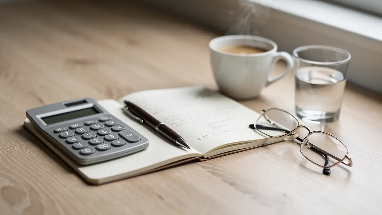 Calcolatrice e appunti su un tavolo accanto a due tazze di caffè