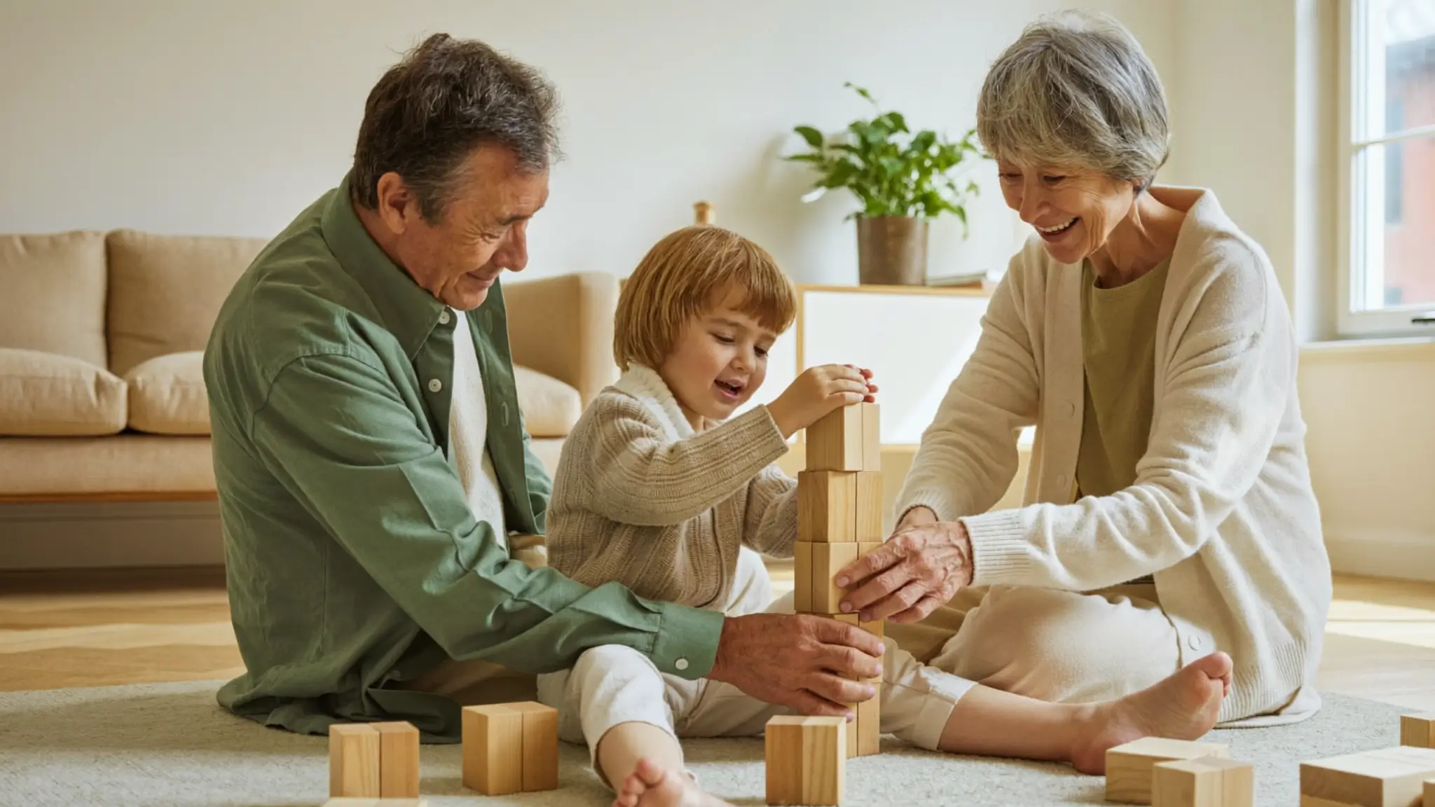 Nonno e nonna che giocano serenamente con il proprio nipote