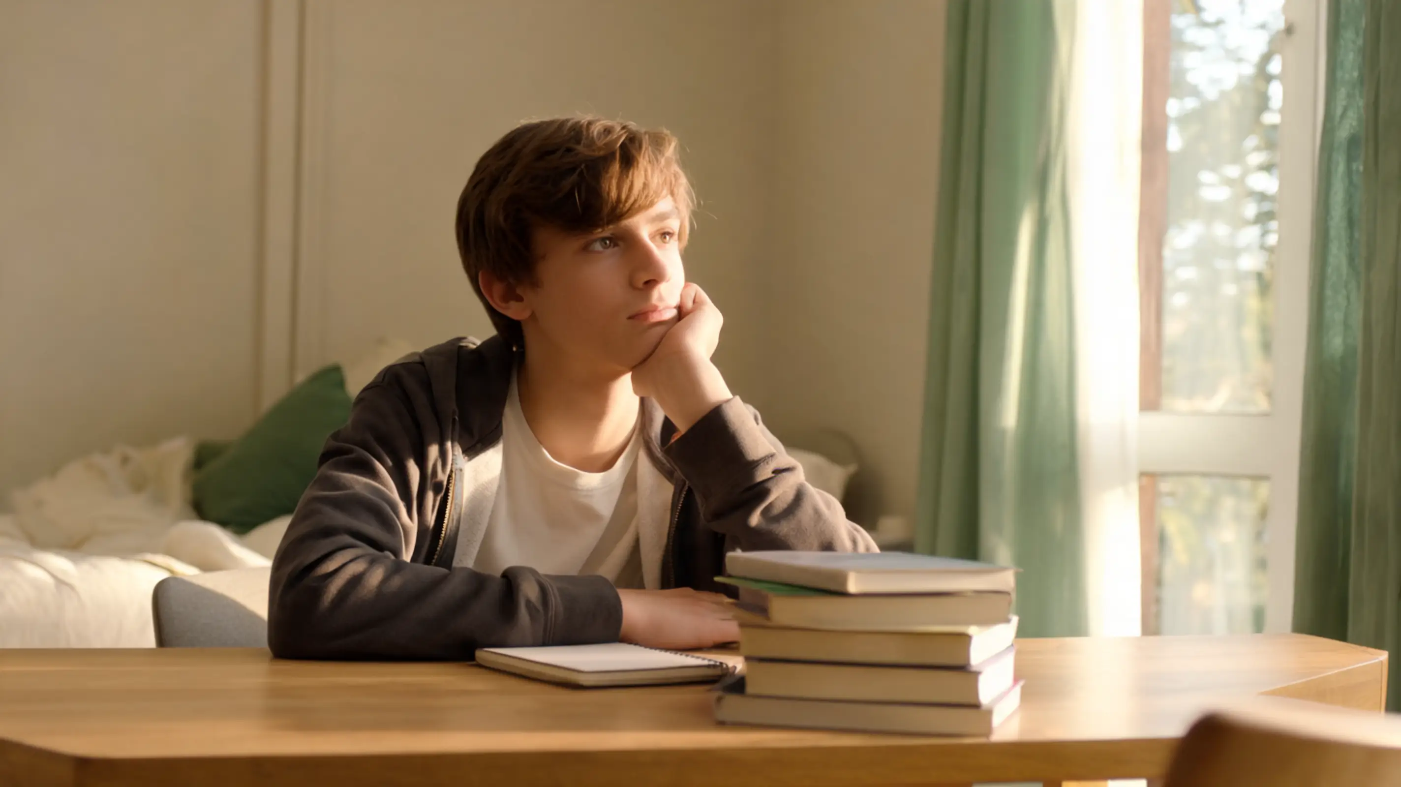 Ragazzo adolescente con lo zaino che riflette insieme ai genitori