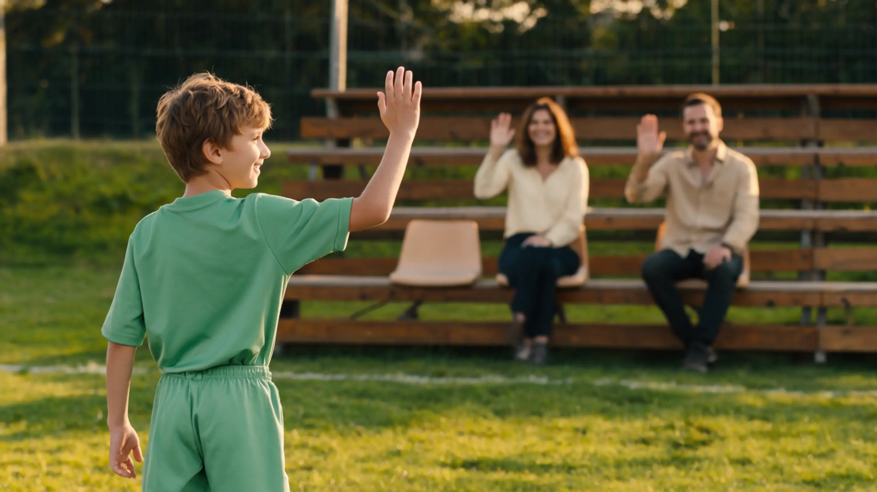 Bambino sul campo da calcio salutato dai genitori dalle tribune