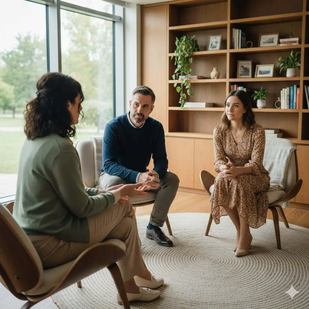 Due persone in dialogo durante la mediazione
